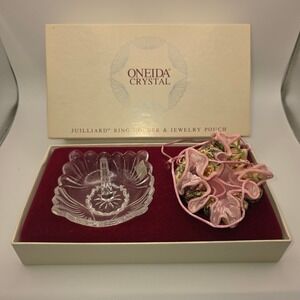 Oneida Crystal Juilliard Ring Holder and Jewelry Pouch Set Vintage Clear Glass